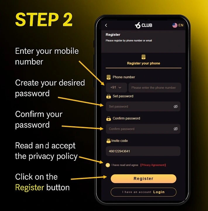 6 Club register step 2 — enter phone number and password