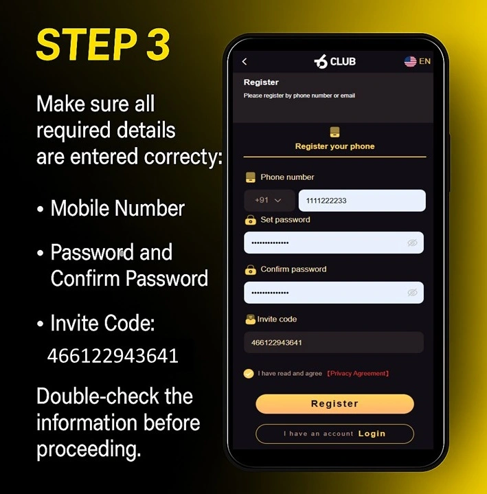 6 Club register step 3 — verify details and invite code