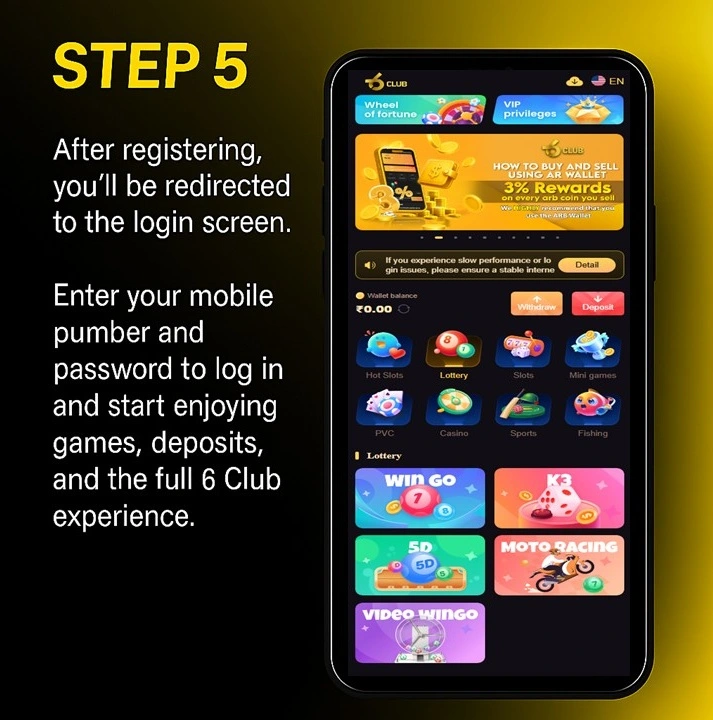 6 Club register step 5 — login and open the lobby